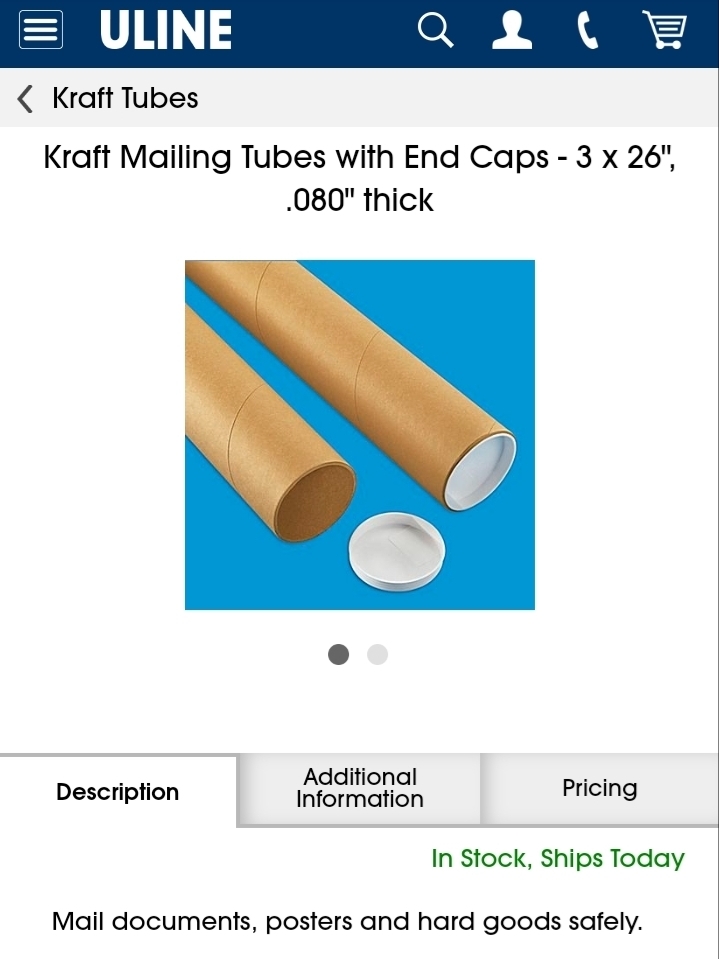 Kraft Mailing Tubes with End Caps - 3 x 26, .080 thick