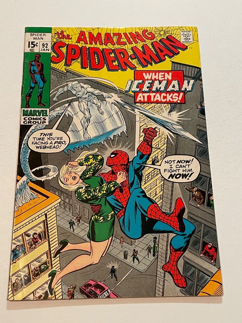 ASM #92 Ice Man attacks Spidey with Gwen in green